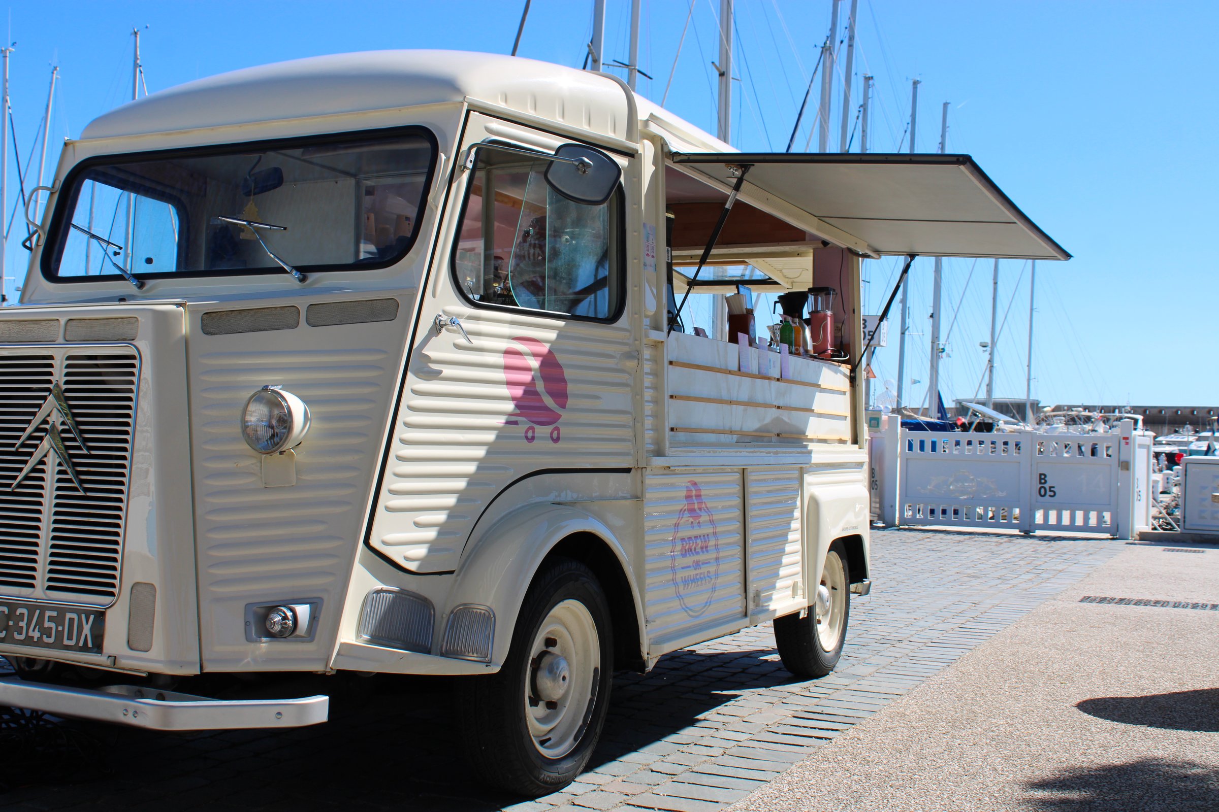 Restored 1977 Citroën HY coffee truck at Port Vauban, Antibes.
